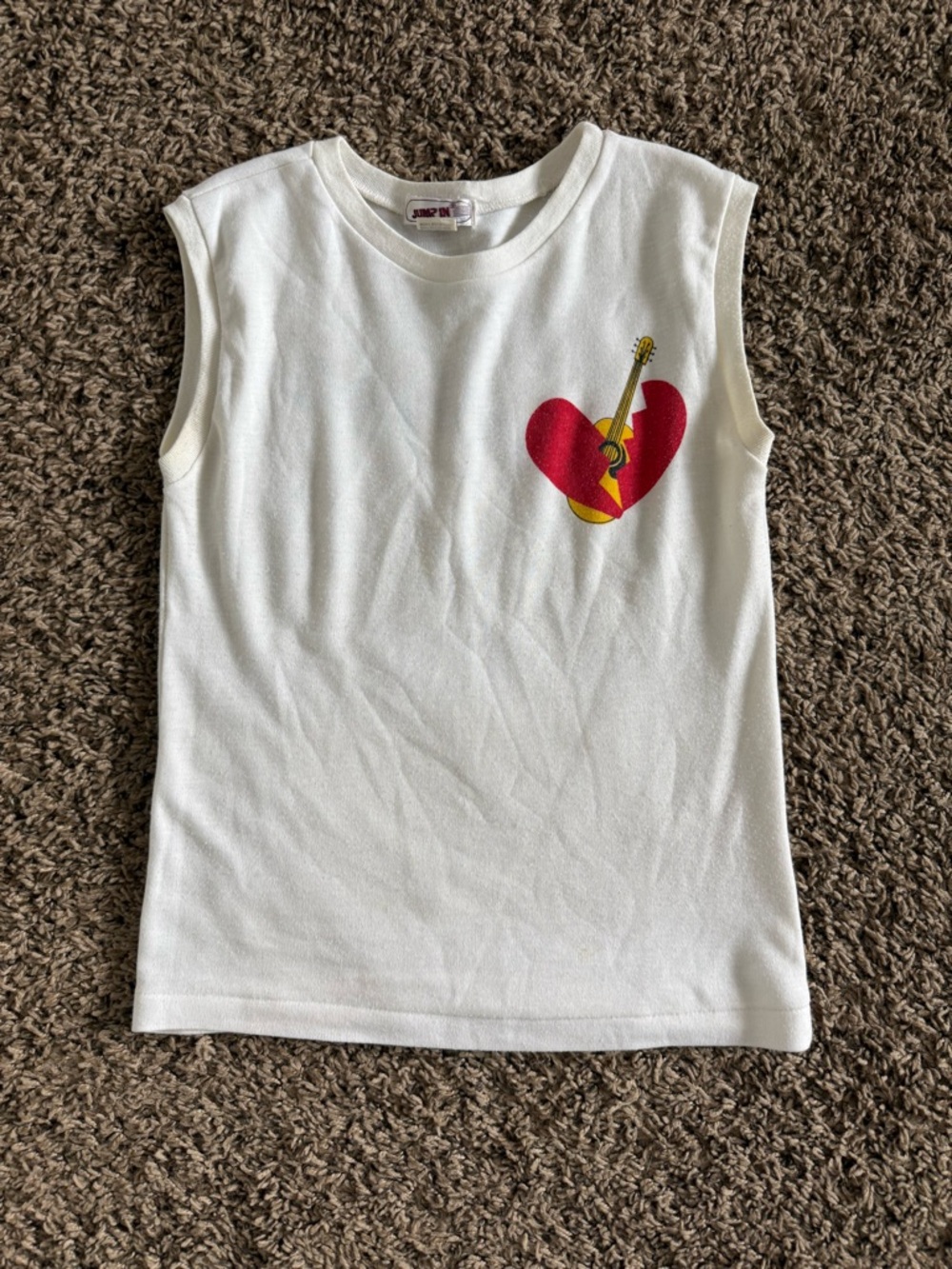 White Sleeveless Tee with Heart & Guitar Graphic